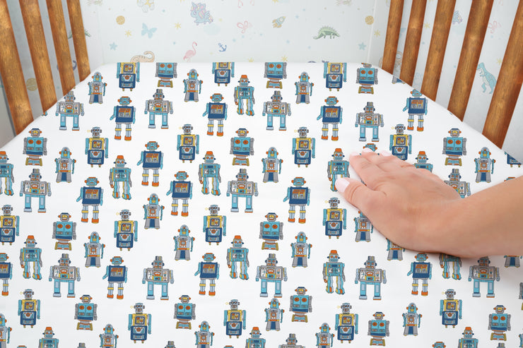 Tin Toy Robots Bedsheet - 100% Pure Organic Cotton Cot Sheet